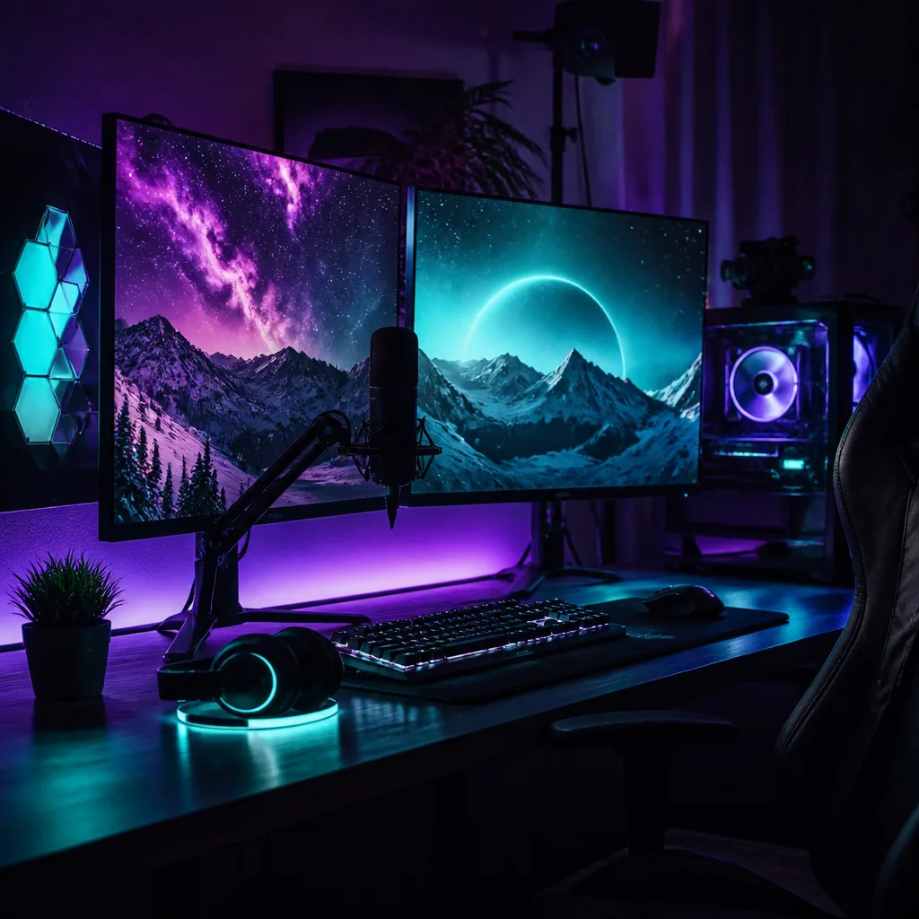 A dual-monitor gaming battlestation glowing with neon accent lighting
